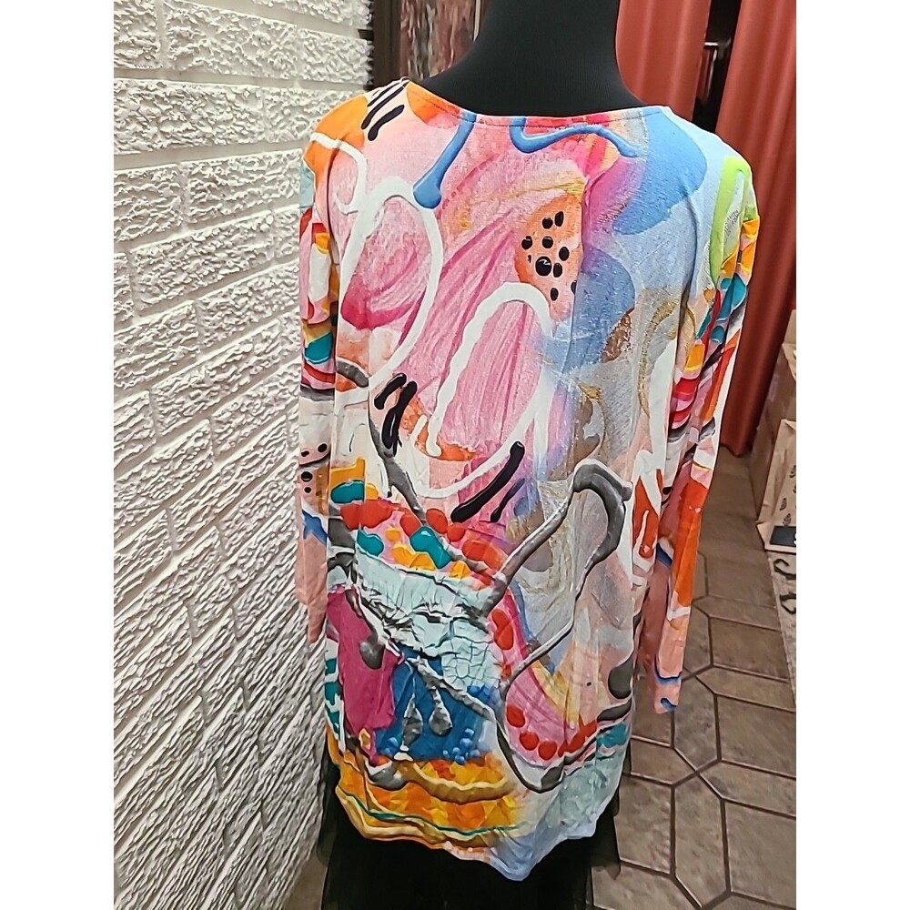 CLAIRE DESJARDINS Women's Size XL Abstract Art to Wear 3/4 Sleeve Funky Loud Top - Picture 5 of 6